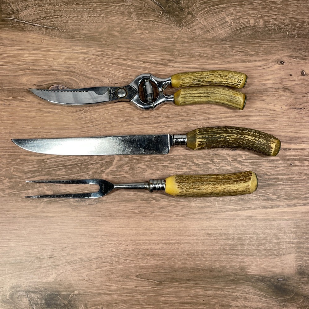 Vintage Boker U.S.A. Stainless Carving Set: Knife, Fork & Chrome Poultry Shears